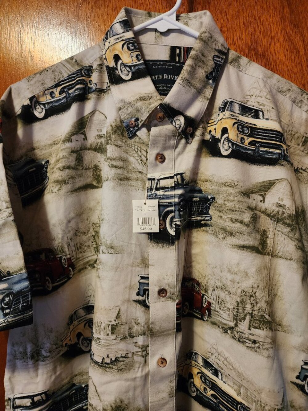 Men's Large North River Tan Classic Truck Print Short Sleeve Button Down Shirt